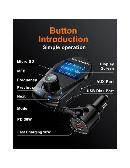 Transmisor FM Bluetooth Guanda RM150 con Carga Rápida 30W