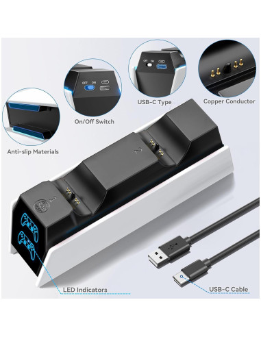 Estación de Carga PS5 Tokluck para 2 Controladores con LED