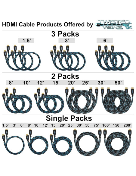 Cable HDMI 1.83 m Paquete de 3 Twisted Veins Alta Velocidad 4K