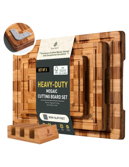 Juego de 3 Tablas de Cortar de Bambú Socisen Antideslizantes