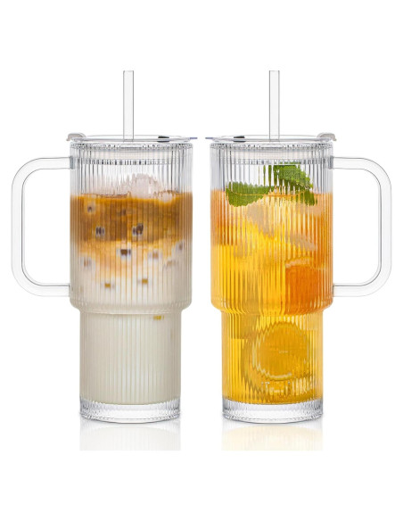Vasos de Vidrio Estriado INSETLAN 26oz con Asa y Tapa - 2 Piezas