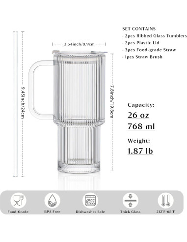 Vasos de Vidrio Estriado INSETLAN 26oz con Asa y Tapa - 2 Piezas