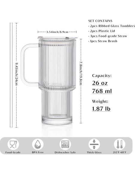 Vasos de Vidrio Estriado INSETLAN 26oz con Asa y Tapa - 2 Piezas