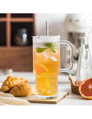 Vasos de Vidrio Estriado INSETLAN 26oz con Asa y Tapa - 2 Piezas