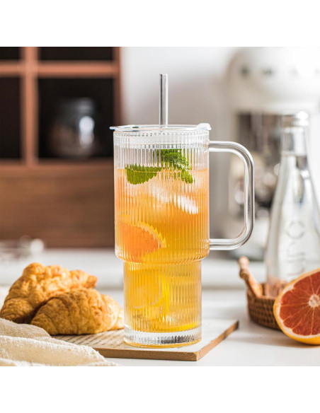 Vasos de Vidrio Estriado INSETLAN 26oz con Asa y Tapa - 2 Piezas