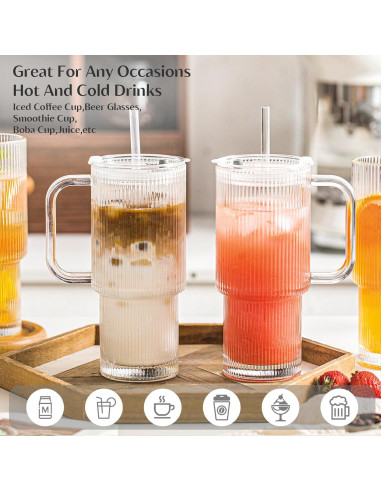 Vasos de Vidrio Estriado INSETLAN 26oz con Asa y Tapa - 2 Piezas