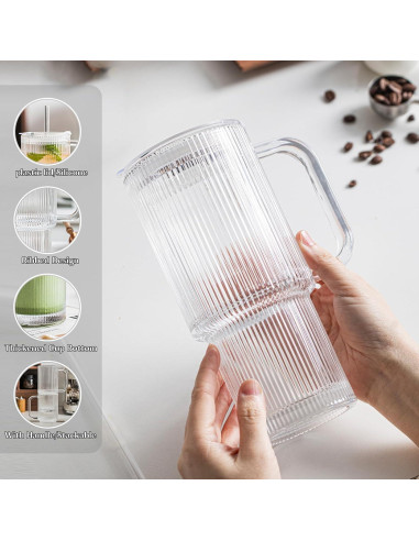 Vasos de Vidrio Estriado INSETLAN 26oz con Asa y Tapa - 2 Piezas