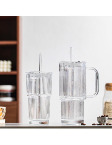 Vasos de Vidrio Estriado INSETLAN 26oz con Asa y Tapa - 2 Piezas