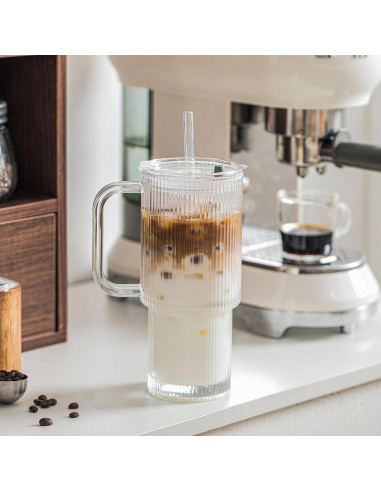 Vasos de Vidrio Estriado INSETLAN 26oz con Asa y Tapa - 2 Piezas