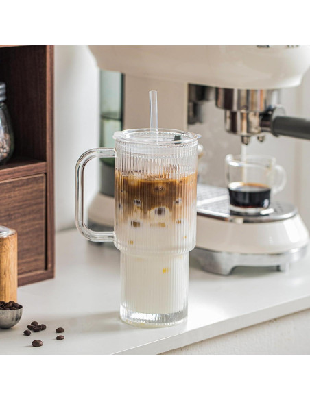 Vasos de Vidrio Estriado INSETLAN 26oz con Asa y Tapa - 2 Piezas
