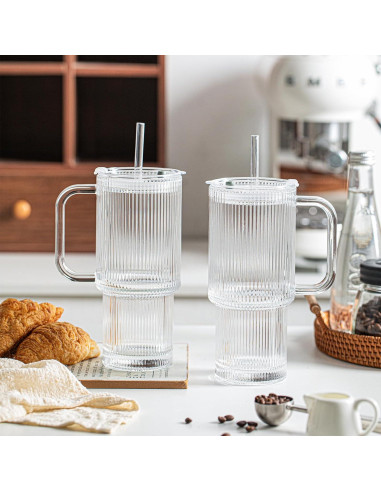 Vasos de Vidrio Estriado INSETLAN 26oz con Asa y Tapa - 2 Piezas