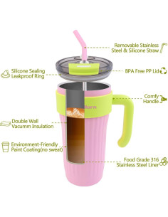 Botella de Agua Aislada PHILORN 800 ml Rosa con Pajilla 2