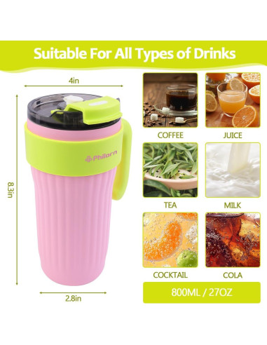 Botella de Agua Aislada PHILORN 800 ml Rosa con Pajilla