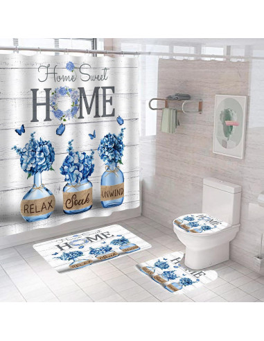 Conjunto de Cortina de Ducha ALEXEX 4 Piezas Azul Floral 182.88 cm