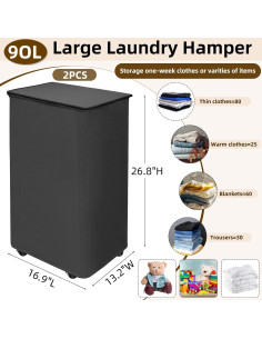 Cestas de Lavandería Colapsables Zealor 90L con Ruedas - 2 Pcs 2