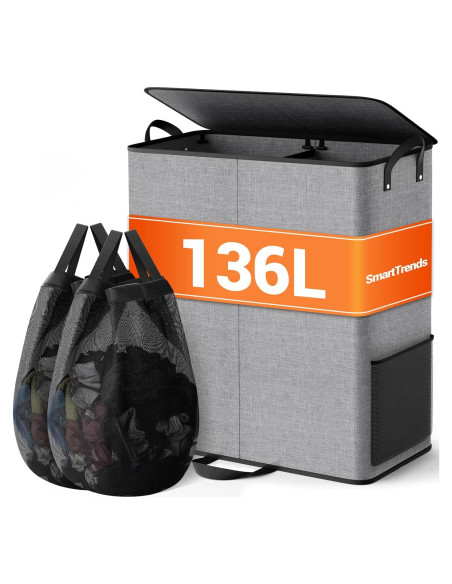 Cesta de lavandería doble SmartTrends 136L gris con tapa