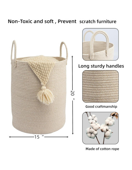 Cesta de lavandería JUNBOLE 38x50 cm cuerda algodón avena