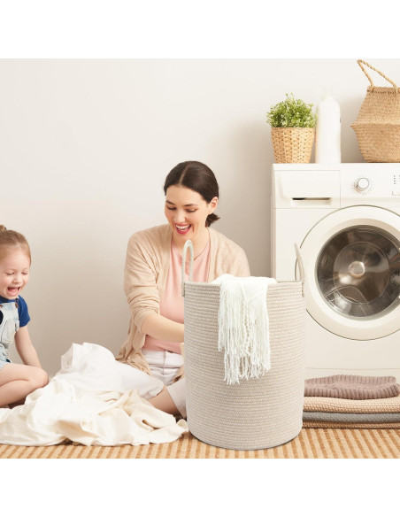 Cesta de lavandería JUNBOLE 38x50 cm cuerda algodón avena