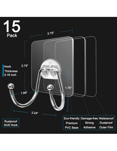 Paquete de 15 Ganchos Adhesivos CenterZ Doble Grande 15 kg