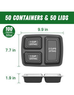 Paquete de 50 Contenedores de Comida 32 oz Dealusy 3 Compartimentos 2