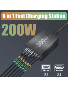 Cargador Rápido SITONG 200W GaN III 6 Puertos USB-C y A 2