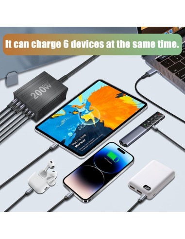 Cargador Rápido SITONG 200W GaN III 6 Puertos USB-C y A