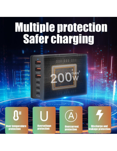 Cargador Rápido SITONG 200W GaN III 6 Puertos USB-C y A