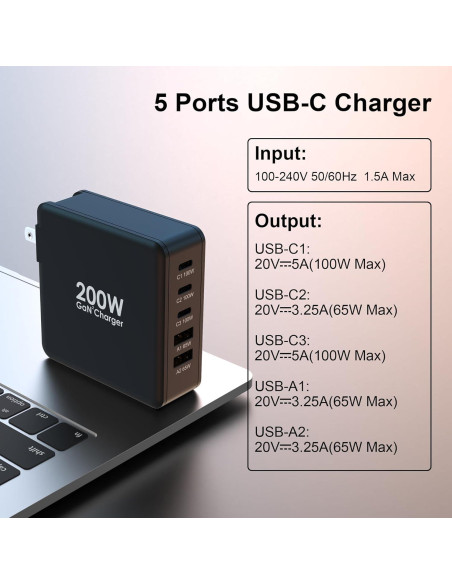 Cargador Rápido USB C 200W ShenZhen Ugoodbuy 5 Puertos Cargador Rápido USB C 200W ShenZhen Ugoodbuy 5 Puertos