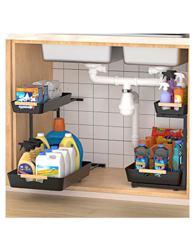Organizador Bajo Fregadero Alldrmtrue, 2 Niveles Ajustable Negro