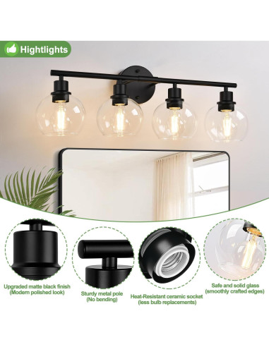 Luz de Baño 4 Luces Indoi Negra Mate con Pantallas de Vidrio