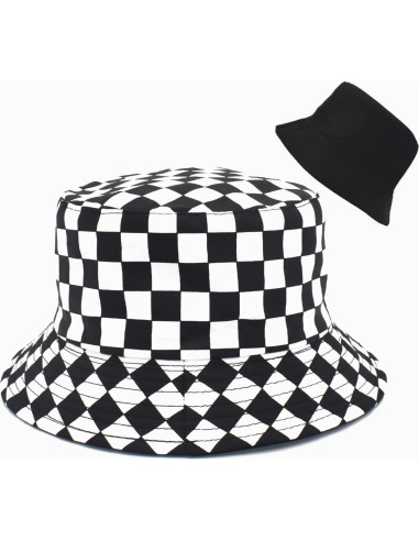 Sombrero de Cubo Reversible de Algodón Unisex - Cuadros Negros