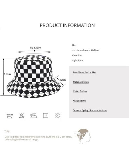 Sombrero de Cubo Reversible de Algodón Unisex - Cuadros Negros