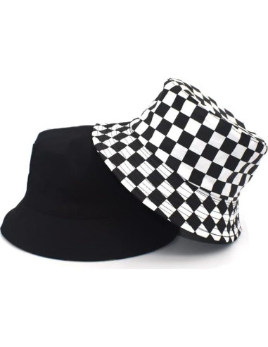 Sombrero de Cubo Reversible de Algodón Unisex - Cuadros Negros