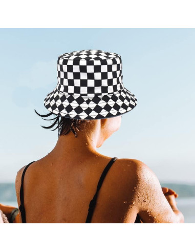 Sombrero de Cubo Reversible de Algodón Unisex - Cuadros Negros