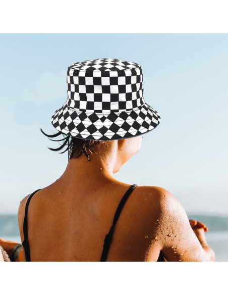 Sombrero de Cubo Reversible de Algodón Unisex - Cuadros Negros