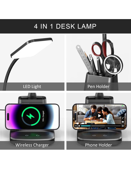Lámpara de Escritorio LED Vicsoon con Cargador Inalámbrico