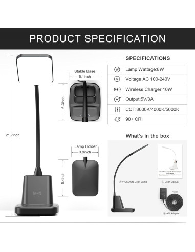 Lámpara de Escritorio LED Vicsoon con Cargador Inalámbrico