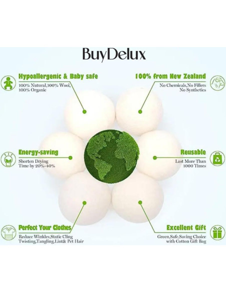 Bolas de Secado de Lana BuyDelux - 6 Paquete XL 7cm Ecológicas