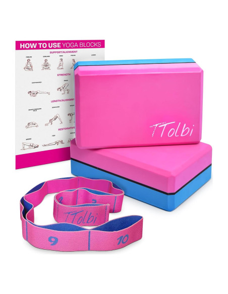 Juego de 2 Bloques de Yoga TTolbi con Banda de Estiramiento Rosa