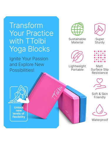 Juego de 2 Bloques de Yoga TTolbi con Banda de Estiramiento Rosa