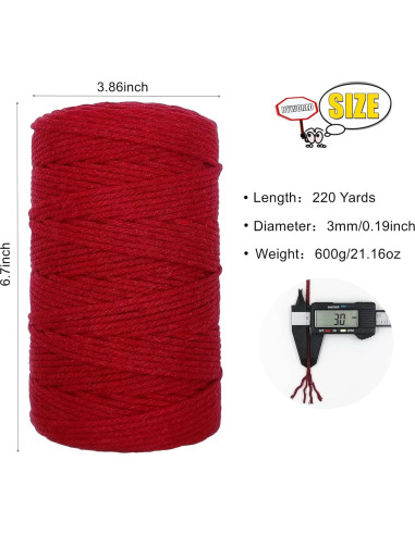 Cuerda de Macramé BYWORLD 3mm 200m Algodón Natural Rojo Vino
