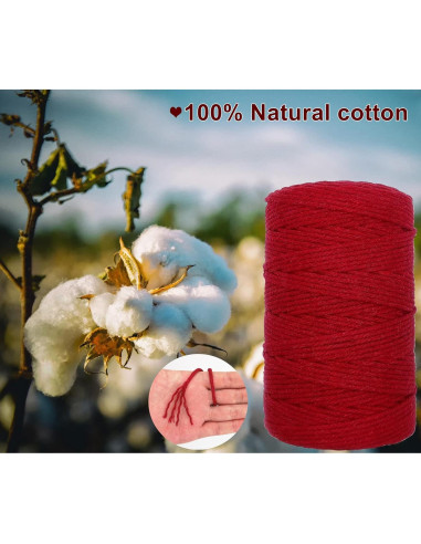 Cuerda de Macramé BYWORLD 3mm 200m Algodón Natural Rojo Vino
