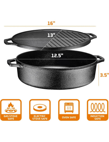 Sartén de Hierro Fundido Bruntmor 6.8 Qt Pre-Sazonada Negra