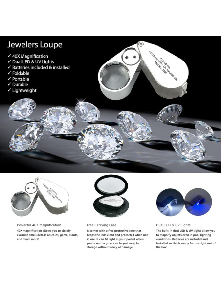 Lupa de Joyero Pineapple 40X con Luz LED y UV - Compacta