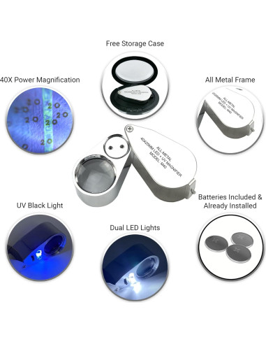 Lupa de Joyero Pineapple 40X con Luz LED y UV - Compacta