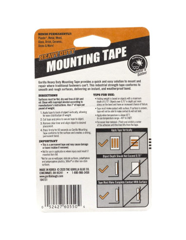 Cinta de Montaje Doble Cara Gorilla 2 Paquetes 2.54 cm x 152.4 cm