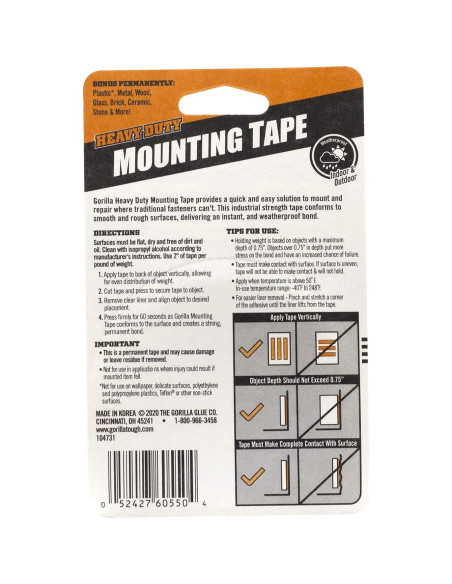 Cinta de Montaje Doble Cara Gorilla 2 Paquetes 2.54 cm x 152.4 cm