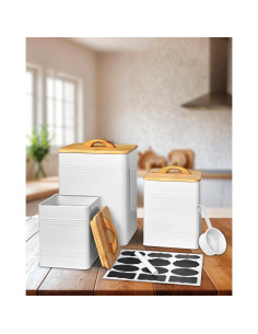 Juego de 3 Tarros de Almacenamiento Vensovo - Metal Blanco con Tapas de Bambú 2