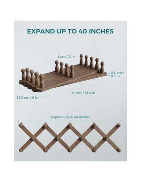 Soporte de pared de acordeón OROPY, 14 ganchos, madera nogal