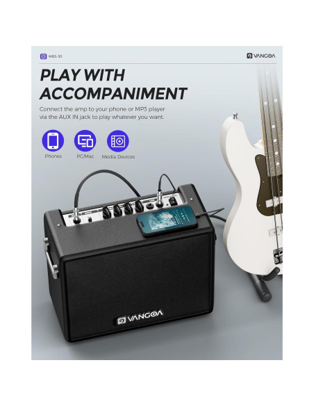 Amplificador de Bajo Vangoa 30W Portátil 8" con Overdrive